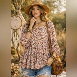 Floral Babydoll Peplum Blouse – Long Sleeve Flowy Top – Boho Chic (L)